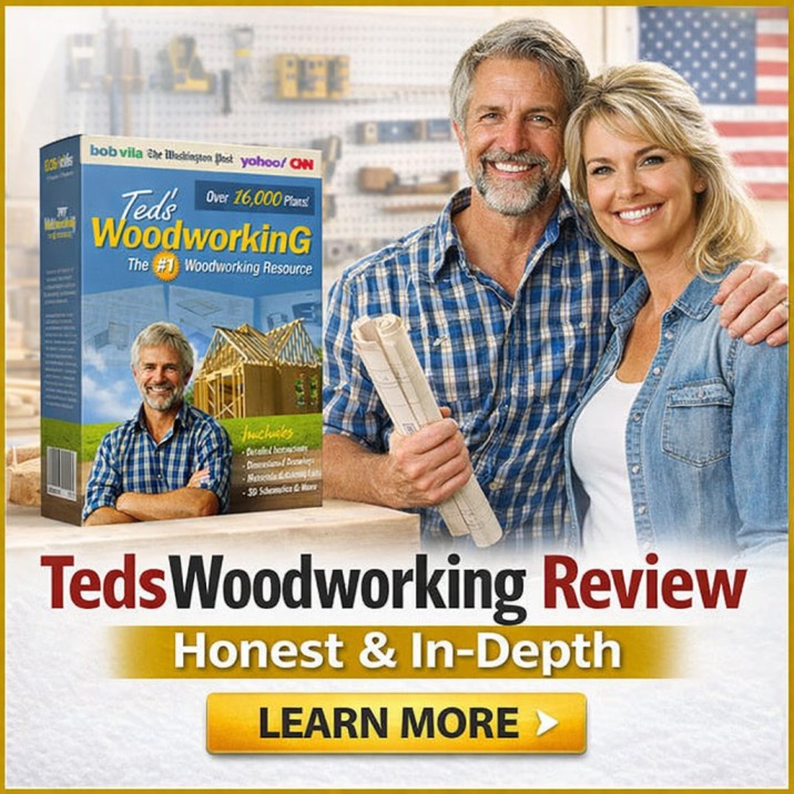 woodworking couple promoting tedswoodworking plan.